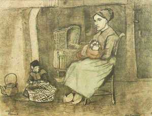 Mother at the Cradle and Child Sitting on the Floor
Etten: October, 1881
(Otterlo, Krller-Mller Museum)
F 1070, JH 74 
